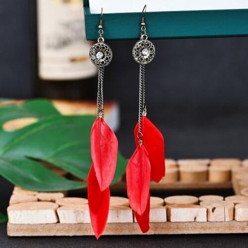 Womens Red Feather Wedding Earrings Clothing Accessories Vintage Ethnic Round Flower Alloy Long Tassel Earrings Bohemia Jewelry