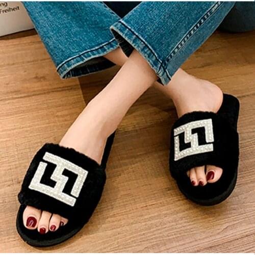 Women Warm Slippers Winter Female Faux Fur Short Plush Pearl Geometric House Shoes Lady Open Toe Flats Indoor Womens Slipper