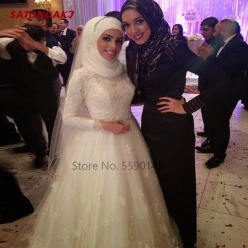 Vintage Muslim 2020 Wedding Dress A Line Long Sleeves Lace Appliques High Neck Mideast Arabic India Bridal Gown Vestido De Novia