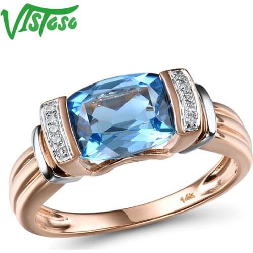 VISTOSO Gold Rings For Women Genuine 14K 585 Two Tone Gold Rings Sparkling Diamond Blue Topaz Wedding Anniversary Fine Jewelry