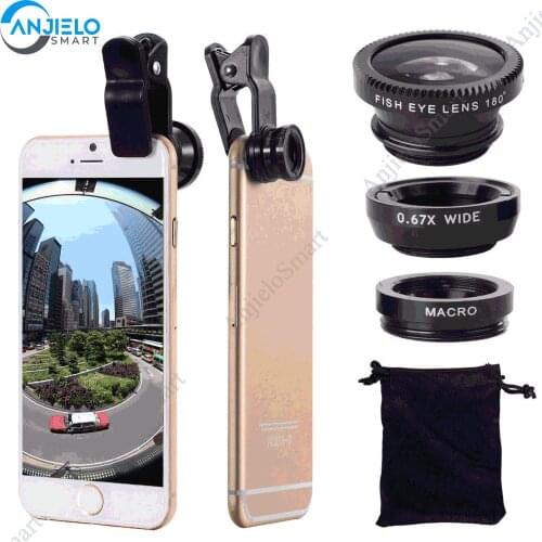 3 in 1 Cell Phone Camera Lens Kit 360 Degree Rotate Shark Tail Shape Clip Wide Angle Macro Fisheye Lens for Mobile Phones iphone