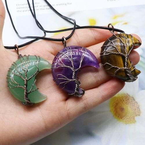 6PCS Moon Shaped Natural Stone Pendant Necklace Tree of Life Pendant Necklace for Women Collar Reiki Chakra Jewelry Pendulum