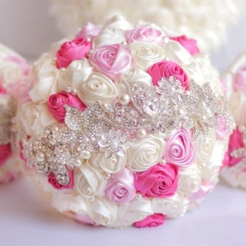 8 inch Custom Ivory Pink crystal Brooch Bouquet Bridal brides Pearls Jewelry Silk roses Bouquet wedding bridesmaid bouquets