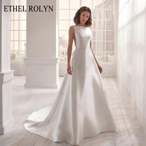 ETHEL ROLYN Satin Bow Vintage Wedding Dress 2021 Sexy Backless Boat Neck White/Lvory Simple Wedding Gowns Vestido De Noiva