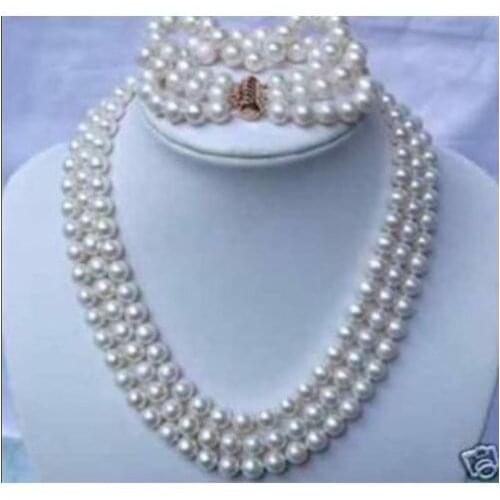 Free Shipping >>3 row strands AAA+7-8mm akoya white pearl necklace/blacelet