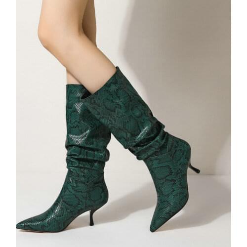 Pointed Toe Snake Boots Women Fashion Print Folds Calf Boots Ladies Daily Thin Heel Long Boots Female Pink Green Winer Shoes