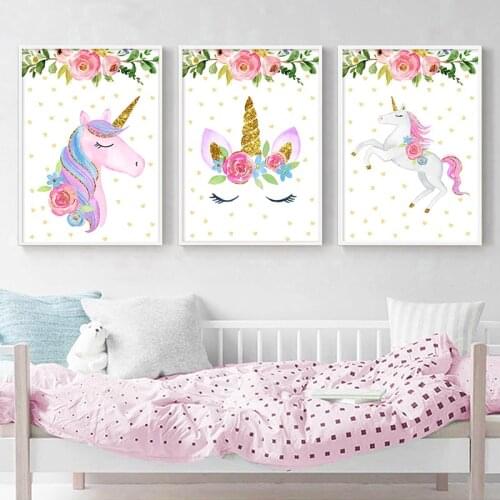 Flower Unicorn Nursery Poster Scandinavian Style Child Wall Art Canvas Painting Modern Print Baby Room Decoretion