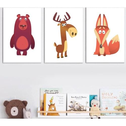 Cartoon Animal Bear Moose Fox Raccoon Wall Art Canvas Painting Nordic Posters And Prints Wall Pictures Baby Kids Room Home Decor
