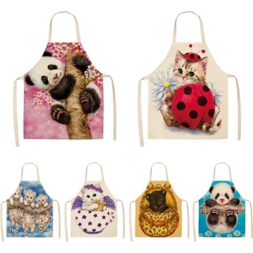 Parent-child Kitchen Apron Cartoon Cat/Panda/Tiger Printed Sleeveless Cotton Linen Aprons for Men Women Home Cleaning Tools