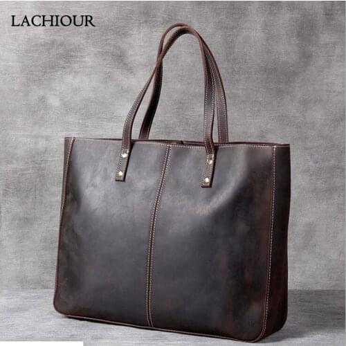 LACHIOUR Men Genuine Leather Laptop Bag Large Business Handbags Male Crazy Horse Leather Shoulder Bag Men Travel Totes Briefcase