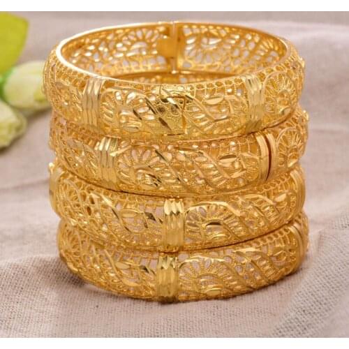 Can open 4Pcs Flower Dubai Gold Color Bangles Women Girls Jewelry Arab Middle Eastern African Copper Bangles Wedding Gift