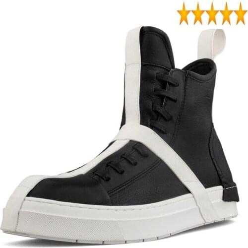 Unisex Personality Panelled Street High Help Autumn New Genuine Leather Round Toe Zip Thick Bottom Mens Sneaker Boots