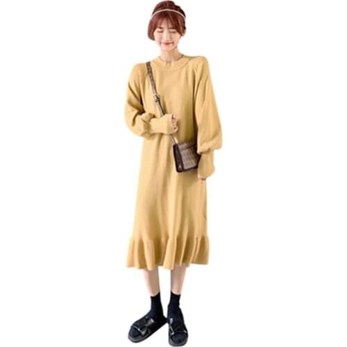 2021 New Spring Autumn Womens Knitted Sweaters Pullover Casual Plus Size Female Long Dress Solid Trendy Ladies Pleated Dress