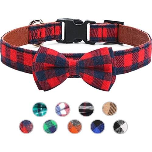 Dog Collar with Detachable Adjustable Bowtie British Style Plaid Bowtie-Quality PU Leather and Durable Polyester-Plastic Buckle