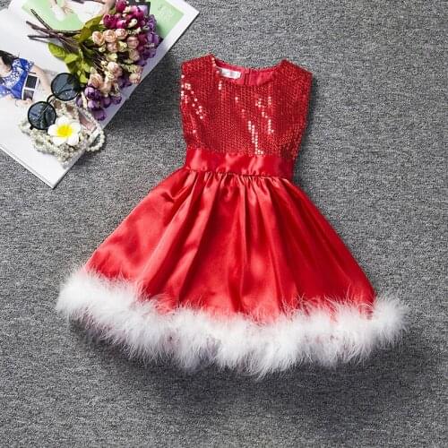 Corzzet Christmas Sweet Red Sequin White Feather O-Neck Ball Gown Princes Dress Children Dresses Kid Dresses For Girls Vestidos