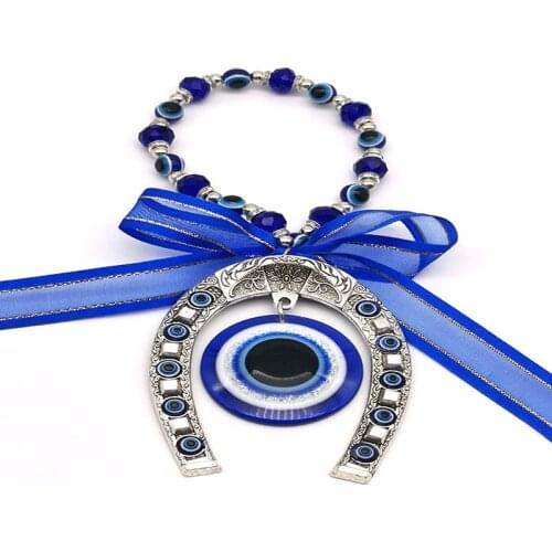 Horseshoe Blue Eyes And Round Flat Eyes Blue Ribbon Key Chain Pendant Doors And Windows Decorative Wall Hanging Anti - Evil