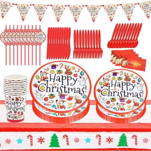 Party Tableware Christmas Supplies Set Decoration Dessert Plates Napkins Cups Straws Tablecloth Disposable Xmas Dinnerware Kit