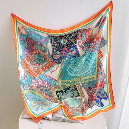 90cm Silk Scarf Women Floral Bag Print Manual Hand Square Scarves Spain Echarpes Foulards Femme Wrap Bandana Small Hijab