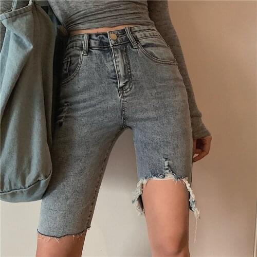 New Sexy Women Ladies Denim Skinny Ripped Shorts High Waist Hole Destroyed Draped Stretch Bodycon Jeans Slim Knee Length Shorts