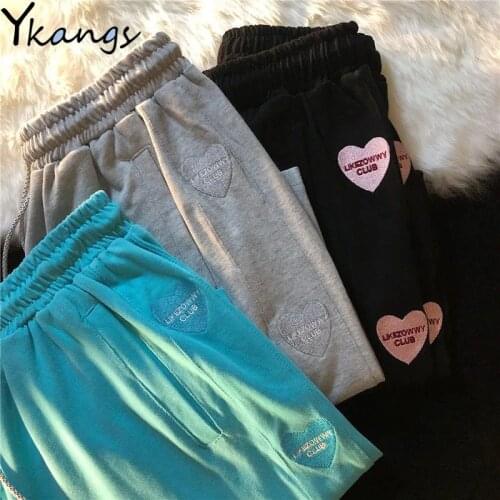 Drawstring Elastic High Waist Heart Embroidery Solid Baggy Shorts Female Summer Korean Ulzzang Harajuku Fashion Shorts for Women