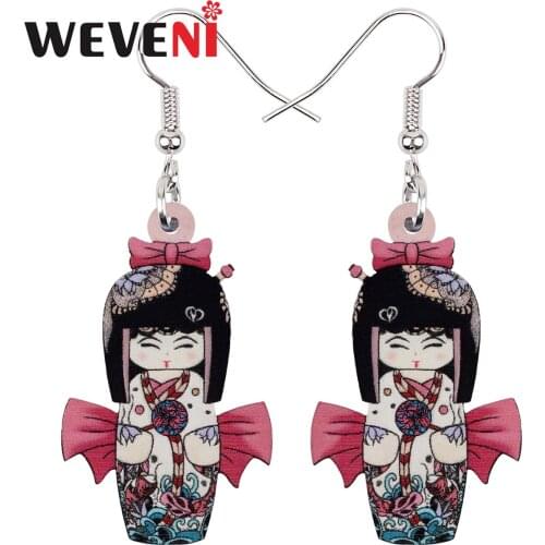 WEVENI Acrylic Sweet Japan Bow-knot Kimono Girl Doll Earrings Long Drop Dangle Fashion Charm Gifts Unique Jewelry For Women Girl
