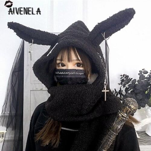 Japanese Warm Winter Harajuku Gothic Girls Fleece Rabbit Ear Hat Scarf Punk Cross Moon Chain Bib Caps AFC1264