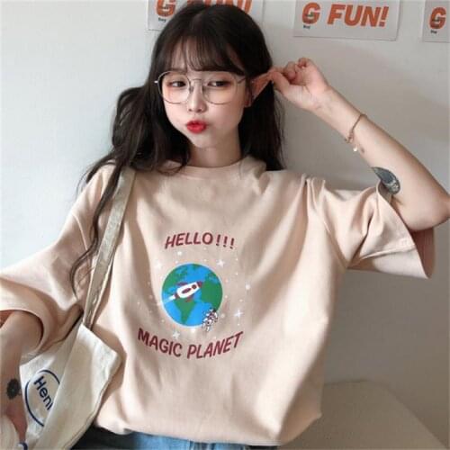 Female Korean Harajuku Loose Casual Letter Print Lazy T-shirt Womens T-shirts Tops Japanese Kawaii Ulzzang Clothes For Women