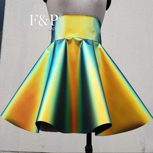 Handmade Plus Size Clothing Rainbow Holographic Gold PVC High Waist Skater Skirt Women Rave Clothes Outfits Flare Circle Skirts