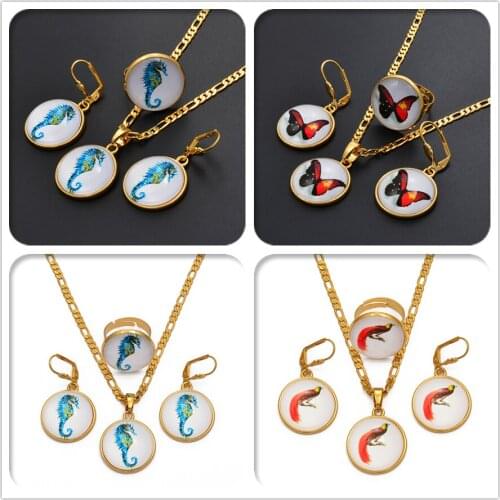 Anniyo Round Seahorse Butterfly Bird Pendant Necklaces Earrings Ring Papua New Guinea Jewelry sets for Women Girls #018516