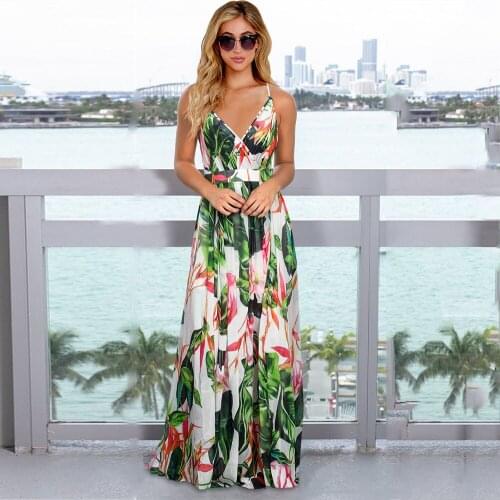 Fashion Bohemian Floral Long Dress Woman Maxi Dress Sexy Deep V-neck Print Beach Backless Dresses For Women 2021 Summer Sundress