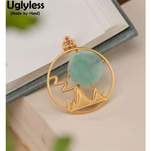 Uglyless Emerald Full Moon in Mountain Nature Gemstones Pendants for Women Romantic Gifts Jewelry 925 Silver Necklaces NO Chain