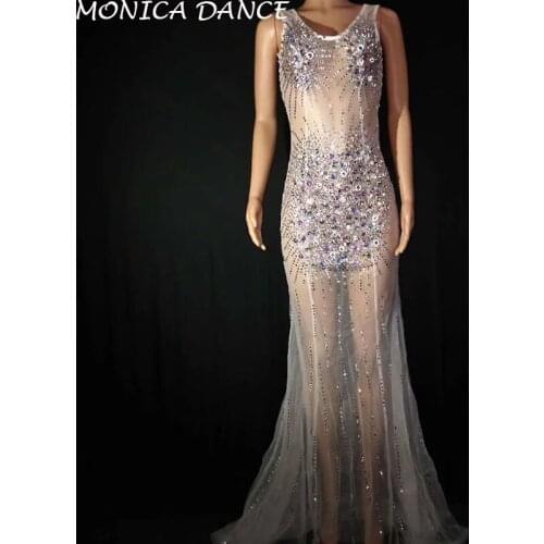 Women Sexy Sparkly Rhinestones Perspective Dress Birthday Celebrate See Through Mesh Dress Rhinestones Costume Dance Dress