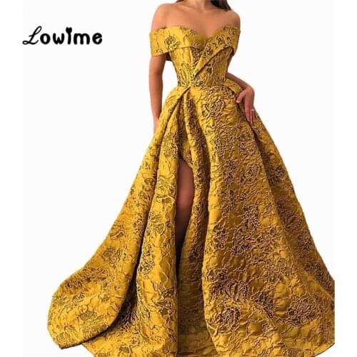 Couture Gold Prom Dresses 2019 Robe De Soiree Off Shoulder African Muslim Evening Party Dresses High Split Side Evening Gowns