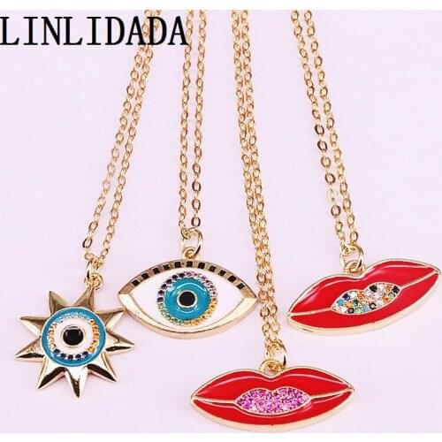 12Pcs Fashion Metal Pave Cz and Enamel Charm Lip/Eye Pendant Link Chain Jewelry Women Jewelry Necklaces