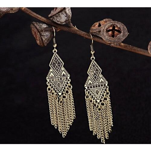 2021 Womens Indian Geometric Pattern Long Chain Tassel Pendant Drop Earrings Tibetan Ornaments Bohemian Classic Earrings