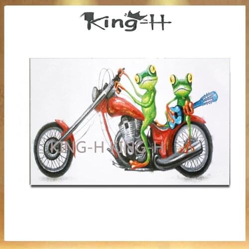 Artista pintado a mano moderno divertido Animal Rana con Halley motocicleta pintura al óleo en lienzo divertido dibujo de r