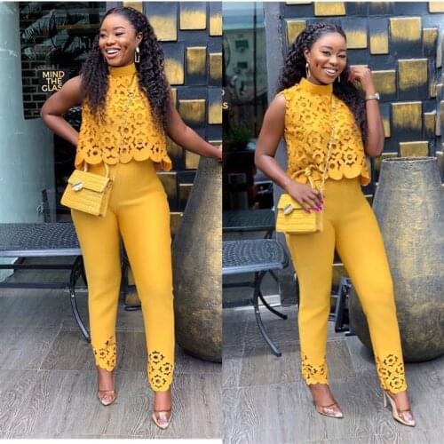Summer Autumn Womens Two Piece Sets 2021 Lace Hollow Out Crop Top & Pants Set Elegant Suit Lady Office Work Party Outfits 2021