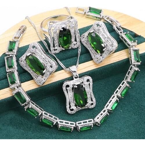 Geometric Green Emerald 925 Sterling Silver Jewelry set for Women Bracelet Hoop Earrings Necklace pendant Ring Birthday Gift