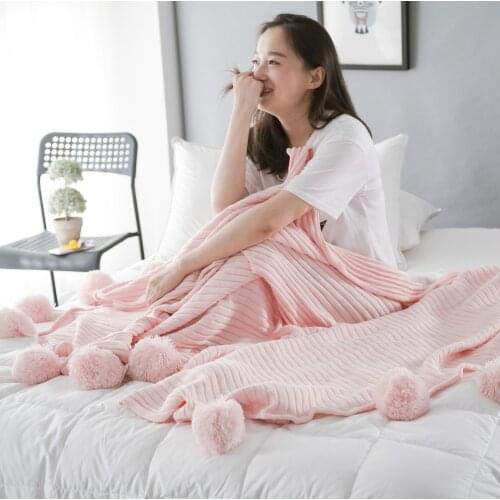 Cotton knitted ball fringed sofa blanket pink blanket blankets for beds weighted blanket