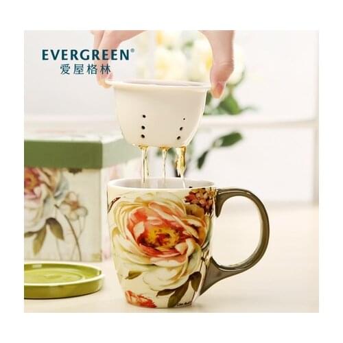 Ceramic Liner Small Tea Cup Mug With Lid American Flower Mug Office Home Whit Liner Coffee Milk Cup Drinkware Gift Box