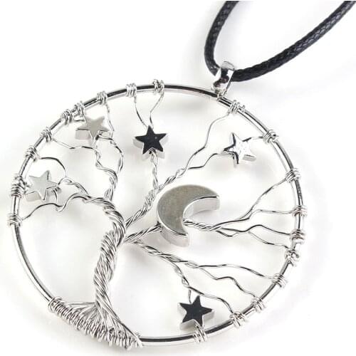 KFT Trendy Silver Plated Inlay lucky Star Crescent MoonTree of Life Pendant Necklace Rope Chain Amulet Women Men Jewelry