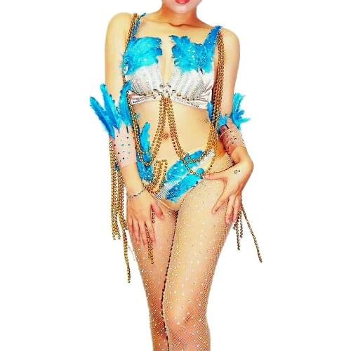 Sparkly Diamond Blue Feather Gold Chain Fringe Bra Shorts Women Bikini Sets Nightclub Dance Show Stage Wear Evening Prom Outfit