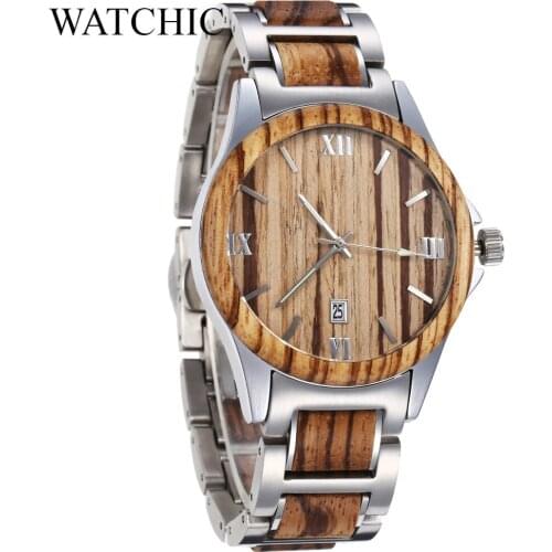 Minimal Style ZebraWood Stainless Steel Men Wood Watch Steel Wooden Wristwatch gift idea Date watch Relogio Masculino