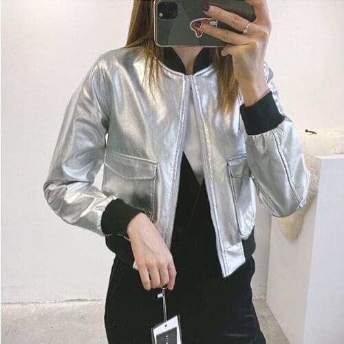 Motorcycle Biker Slim Coat Outwear New Autumn Women Short Silver Pu Faux Leather Jacket O-Neck Zipper Long Sleeve