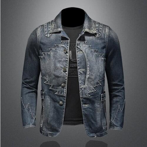 2021 Spring and Autumn New High Quality Mens Solid Color Single Breasted Slim Motorcycle Retro Long Sleeve Mens Denim Jacket