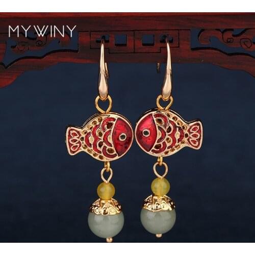 MYWINY New fashion jewelry Cloisonne double fish earrings women, Chinese wind enamel Aveturine earrings red