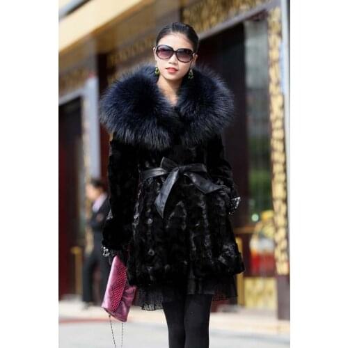 New Natural genuine real Mink Fur coat with big raccoon fur collar Womens Fashion All-match jacket custom any size
