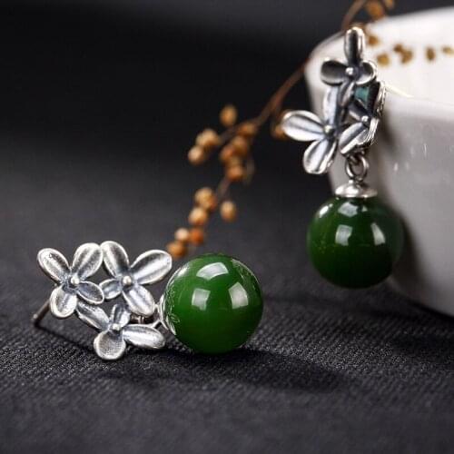 New Fashion silver S925 pure silver retro and Tian Biyu bead bead flower ladys high-end earrings earrings wholesale