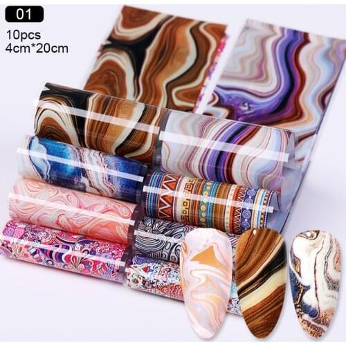 10Pcs Nail Foil Stickers Set Marble Flower Design Gilding Pattern Transfer Decal Slider Paper Nail Art Decorations
