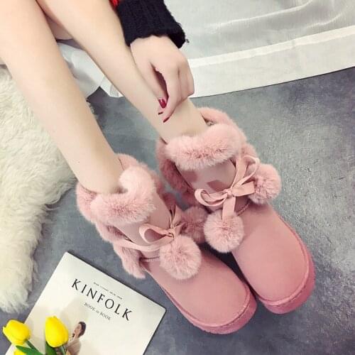 Dropshipping Warm Fur Women Snow Boots Cute Suede Winter Shoes Fur Ball Mid-Calf Boots Female Fashion Boots Non-Slip Snow Casual
